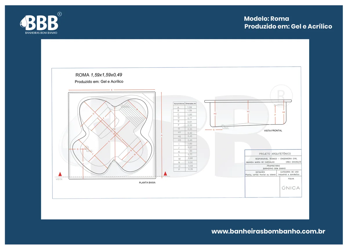 Planta técnica oficial da Banheira Quadrada Roma COMPLETA com hidro, tamanho 1,59 x 1,59 x 0,49