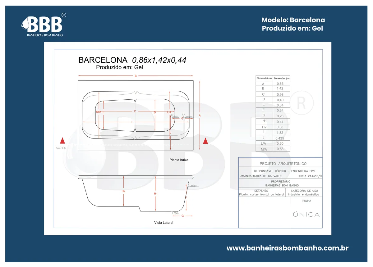 Planta técnica oficial da Banheira Retangular Barcelona com hidro, tamanho 0,86 x 1,42 x 0,44