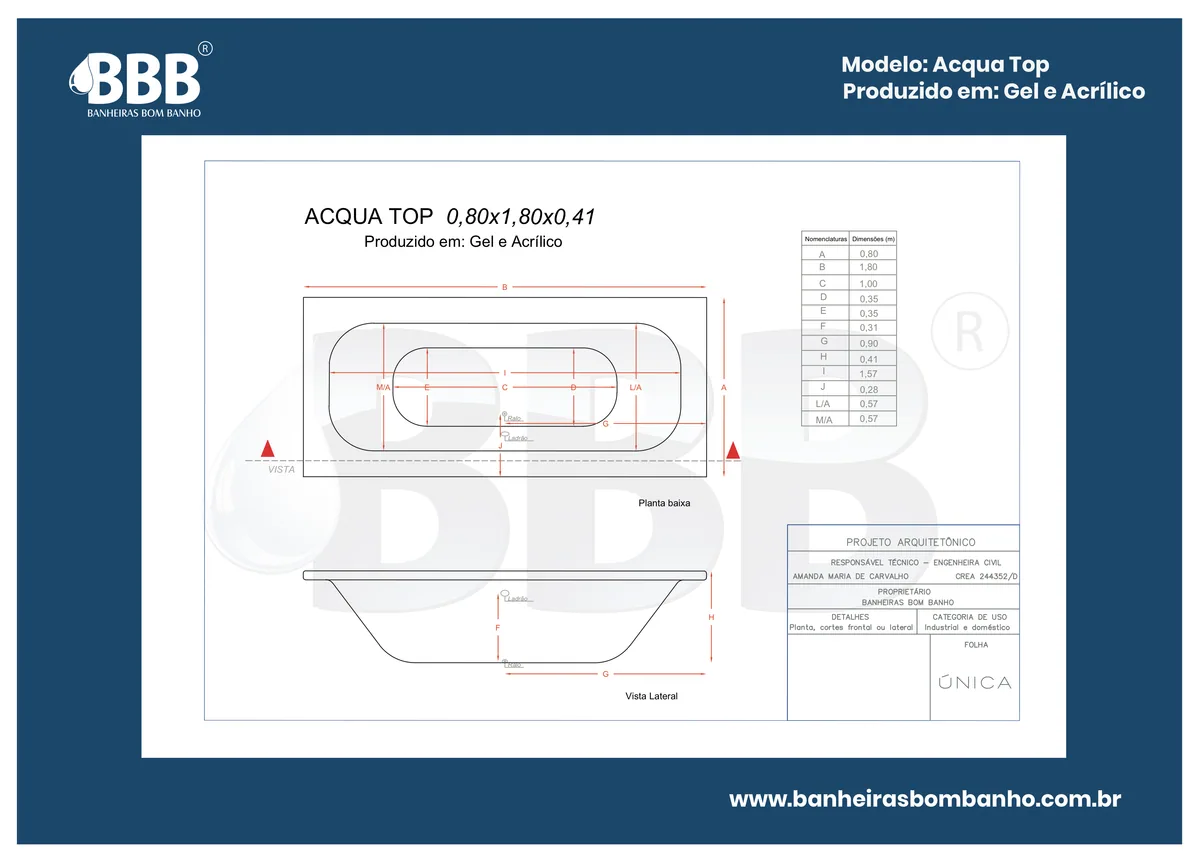 Planta técnica oficial da Banheira Acqua Top COMPLETA com hidro em Acrílico, tamanho 0,80 x 1,80 x 0,41