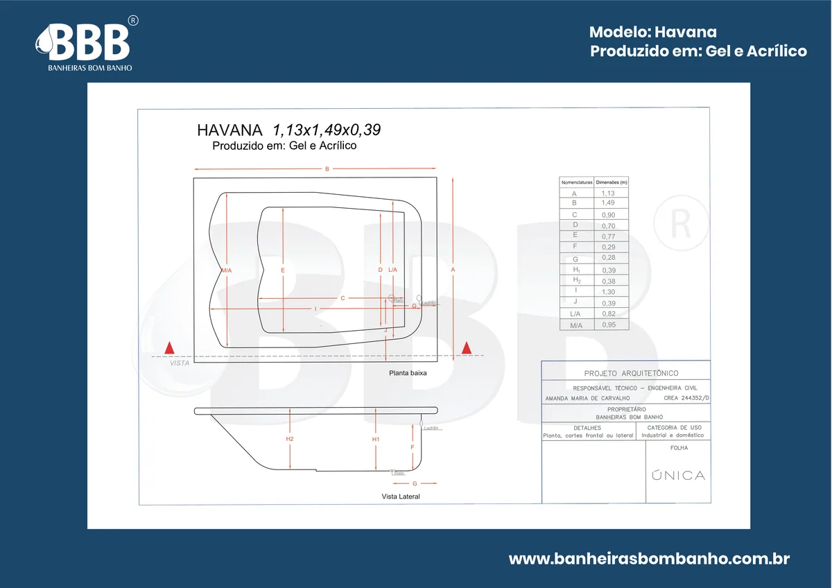 Planta técnica oficial da Banheira Dupla Havana COMPLETA com hidro, tamanho 1,13 x 1,49 x 0,39