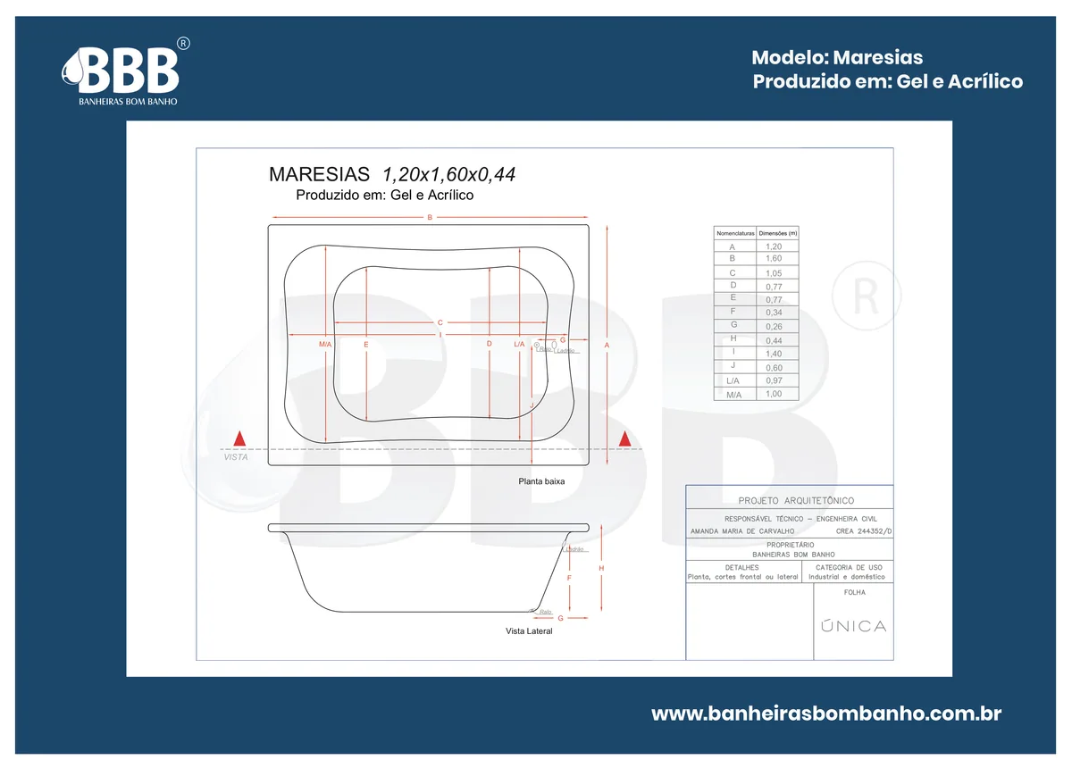 Planta técnica oficial da Banheira Dupla Maresias COMPLETA com hidro, tamanho 1,20 x 1,60 x 0,44
