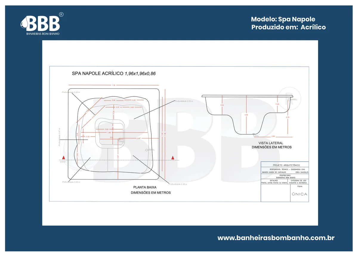 Planta técnica oficial da Spa Quadrado Napole COMPLETO com hidro em Acrílico, tamanho 1,96 x 1,96 x 0,86