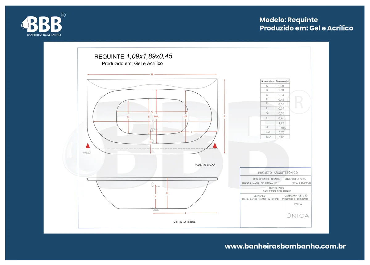 Planta técnica oficial da Banheira Dupla Requinte COMPLETA com hidro em acrílico, tamanho 1,09 x 1,89 x 0,45