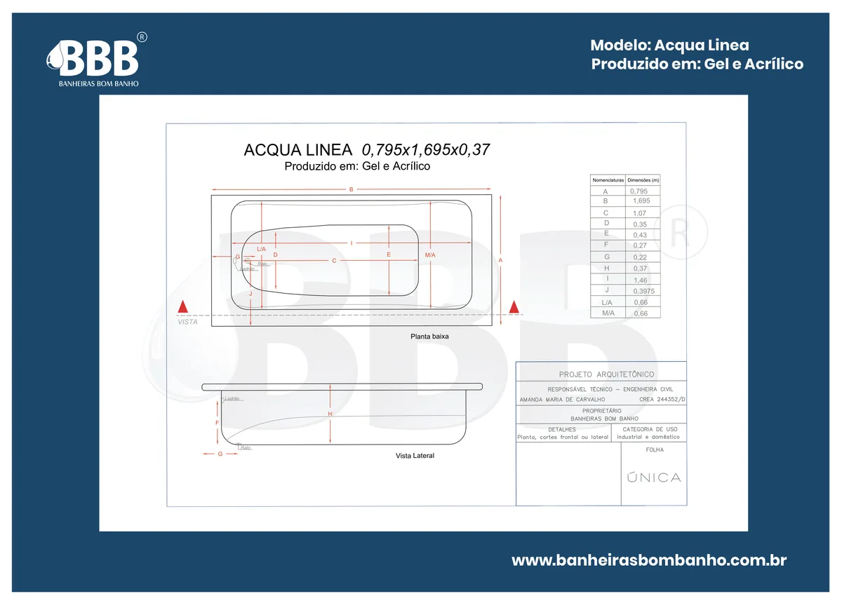 Planta técnica oficial da Banheira Acqua Línea COMPLETA com hidro em Acrílico, tamanho 0,79 x 1,69 x 0,37