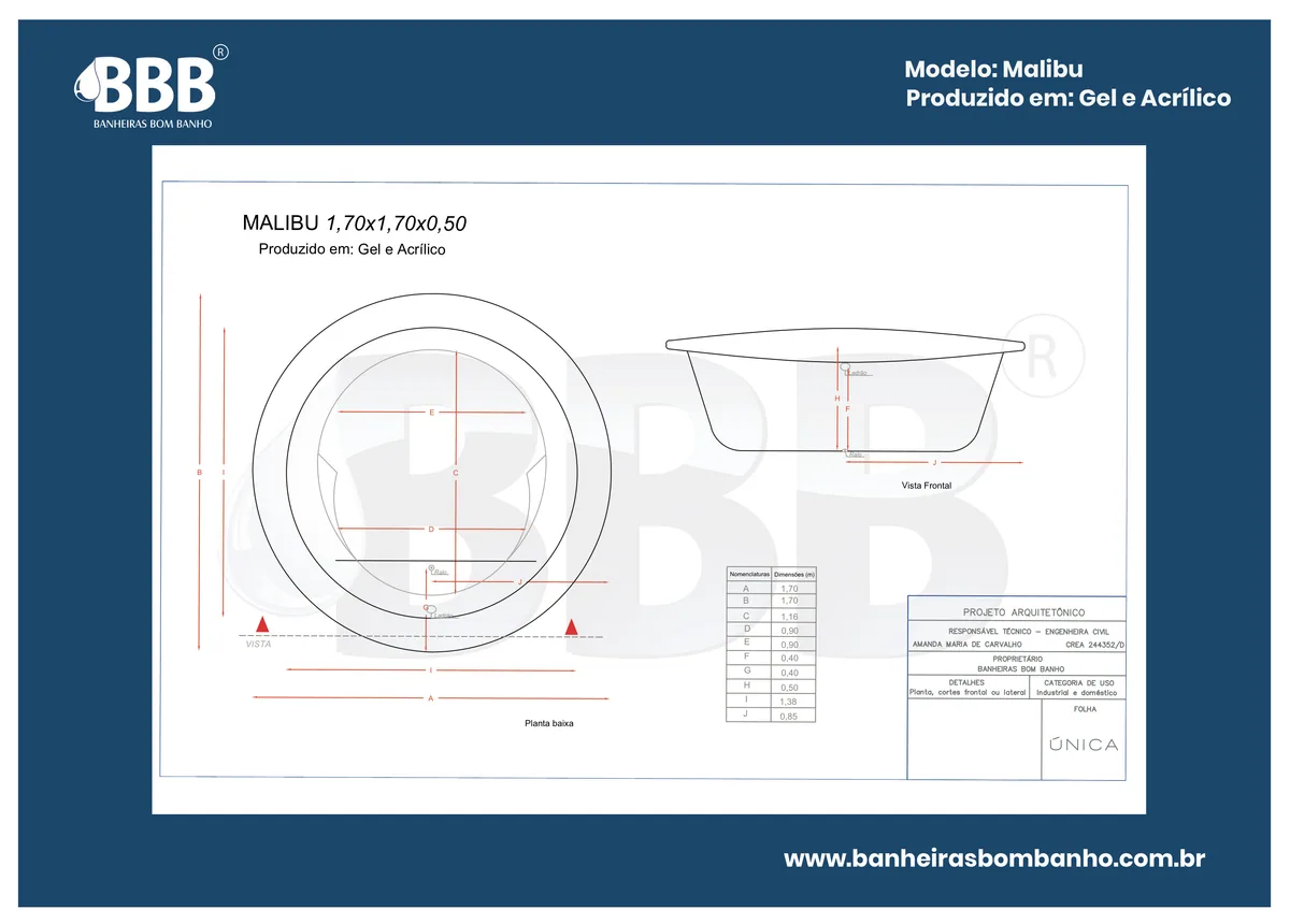 Planta técnica oficial da Banheira Redonda Malibu com hidro em acrílico, tamanho 1,70 x 1,70 x 0,50