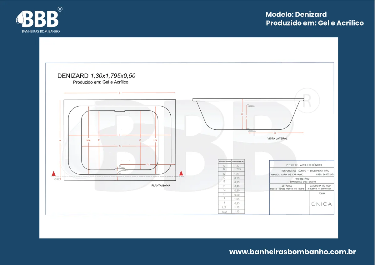 Planta técnica oficial da Banheira Retangular Denizard com hidro, tamanho 1,30 x 1,79 x 0,50
