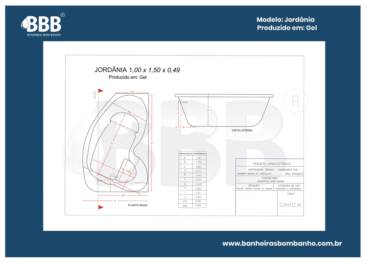 Planta técnica oficial da Banheira individual Jordânia COMPLETA com hidro, tamanho 1,00 x 1,50 x 0,49