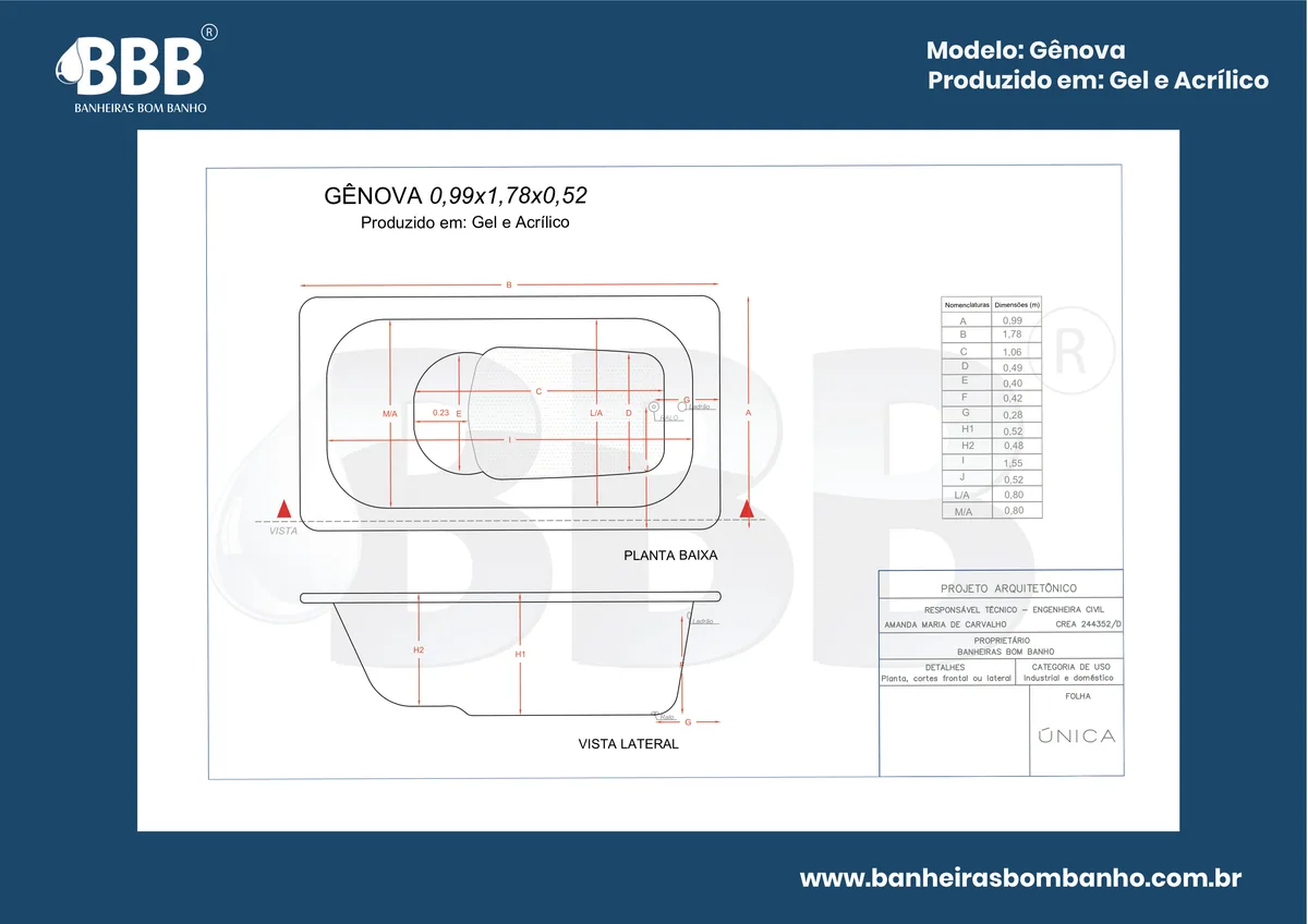 Planta técnica oficial da Banheira Retangular Gênova COMPLETA com hidro em acrílico, tamanho 0,99 x 1,78 x 0,52