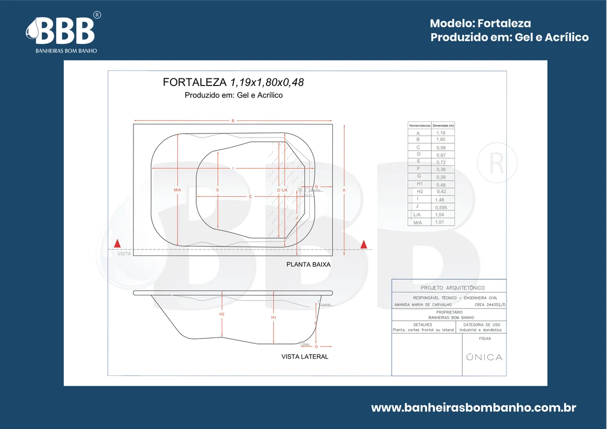 Planta técnica oficial da Banheira Dupla Fortaleza COMPLETA com hidro em acrílico, tamanho 1,19 x 1,80 x 0,48