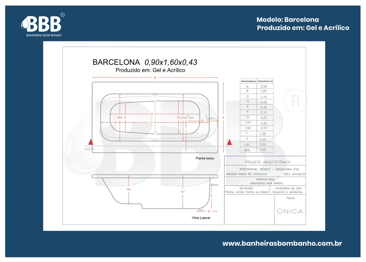 Planta técnica oficial da Banheira Retangular Barcelona COMPLETA com hidro em acrílico, tamanho 0,90 x 1,60 x 0,43