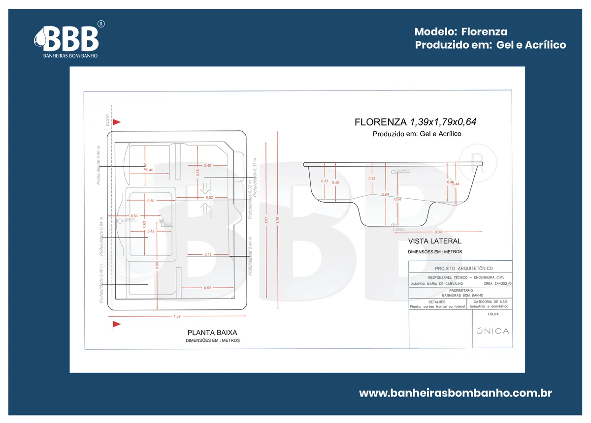 Planta técnica oficial da Spa Retangular Florenza com hidro, tamanho 1,39 x 1,79 x 0,64
