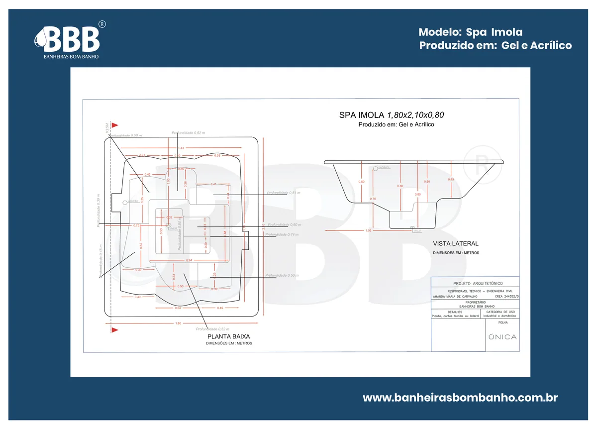 Planta técnica oficial da Spa Retangular Imola com hidro, tamanho 1,80 x 2,10 x 0,80