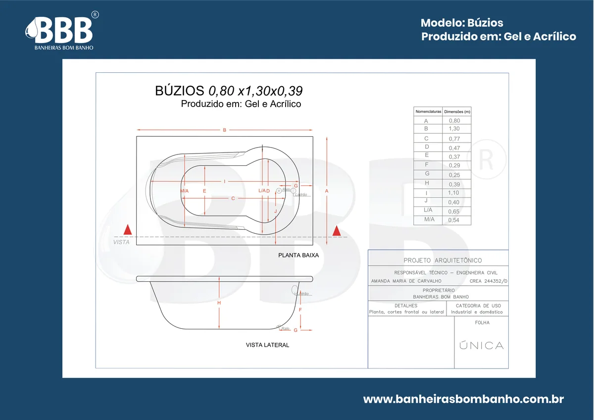 Planta técnica oficial da Banheira Retangular Búzios com hidro, tamanho 0,80 x 1,30 x 0,39