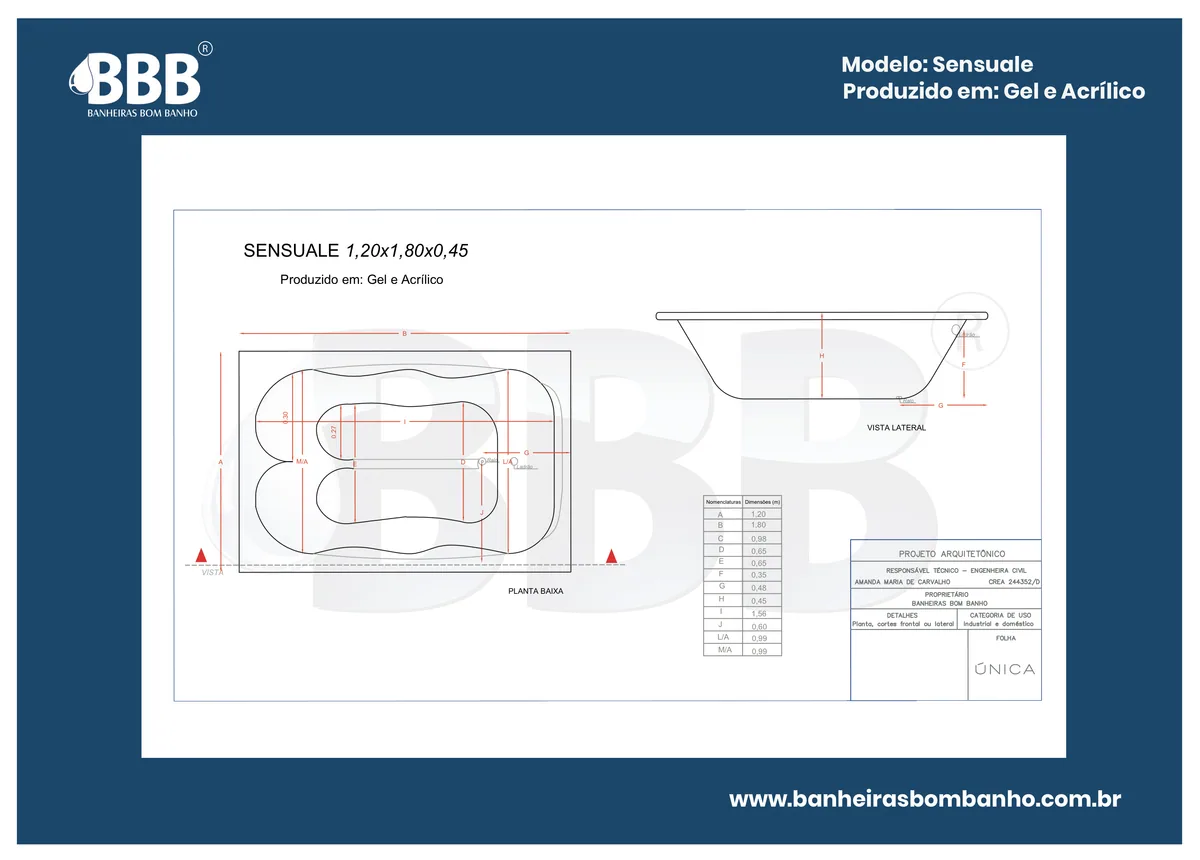 Planta técnica oficial da Banheira Retangular Sensuale COMPLETA com hidro, tamanho 1,20 x 1,80 x 0,43