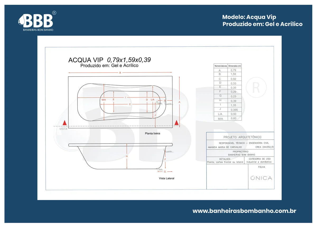 Planta técnica oficial da Banheira Acqua Vip COMPLETA com hidro em Acrílico, tamanho 0,79 x 1,59 x 0,39