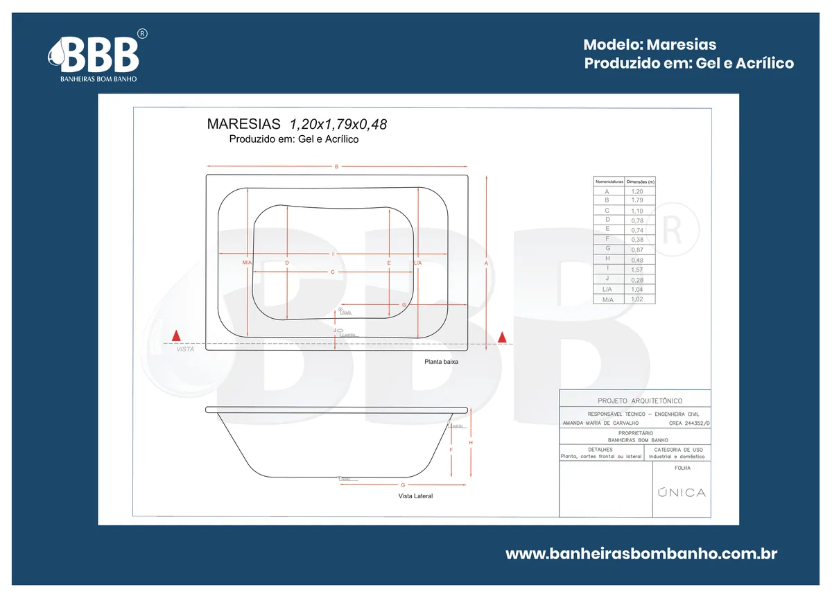 Planta técnica oficial da Banheira Dupla Maresias COMPLETA com hidro, tamanho 1,20 x 1,79 x 0,48