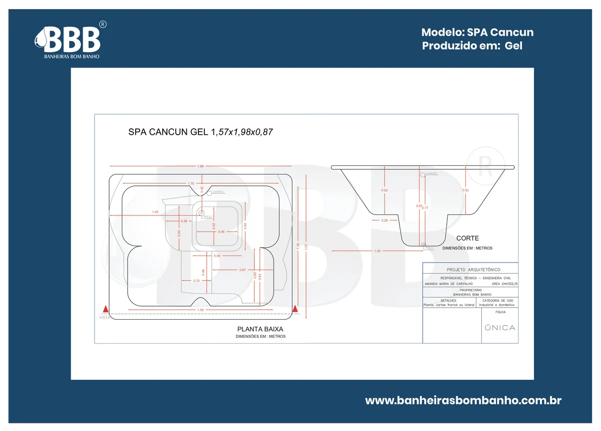 Planta técnica oficial da Spa Quadrado Cancun COMPLETO com hidro, tamanho 1,57 x 1,98 x 0,87