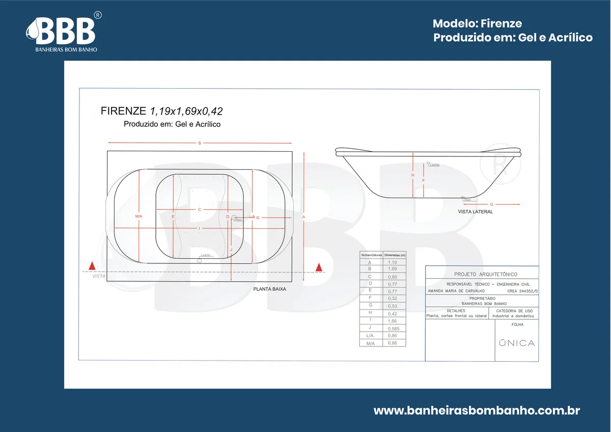 Planta técnica oficial da Banheira Dupla Firenze com hidro, tamanho 1,19 x 1,69 x 0,42