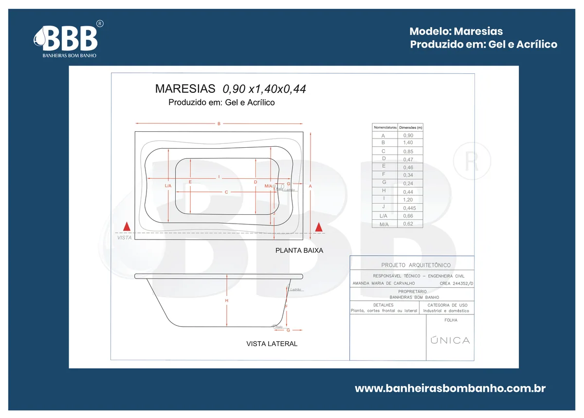 Planta técnica oficial da Banheira Retangular Maresias COMPLETA com hidro em acrílico, tamanho 0,90 x 1,40 x 0,44