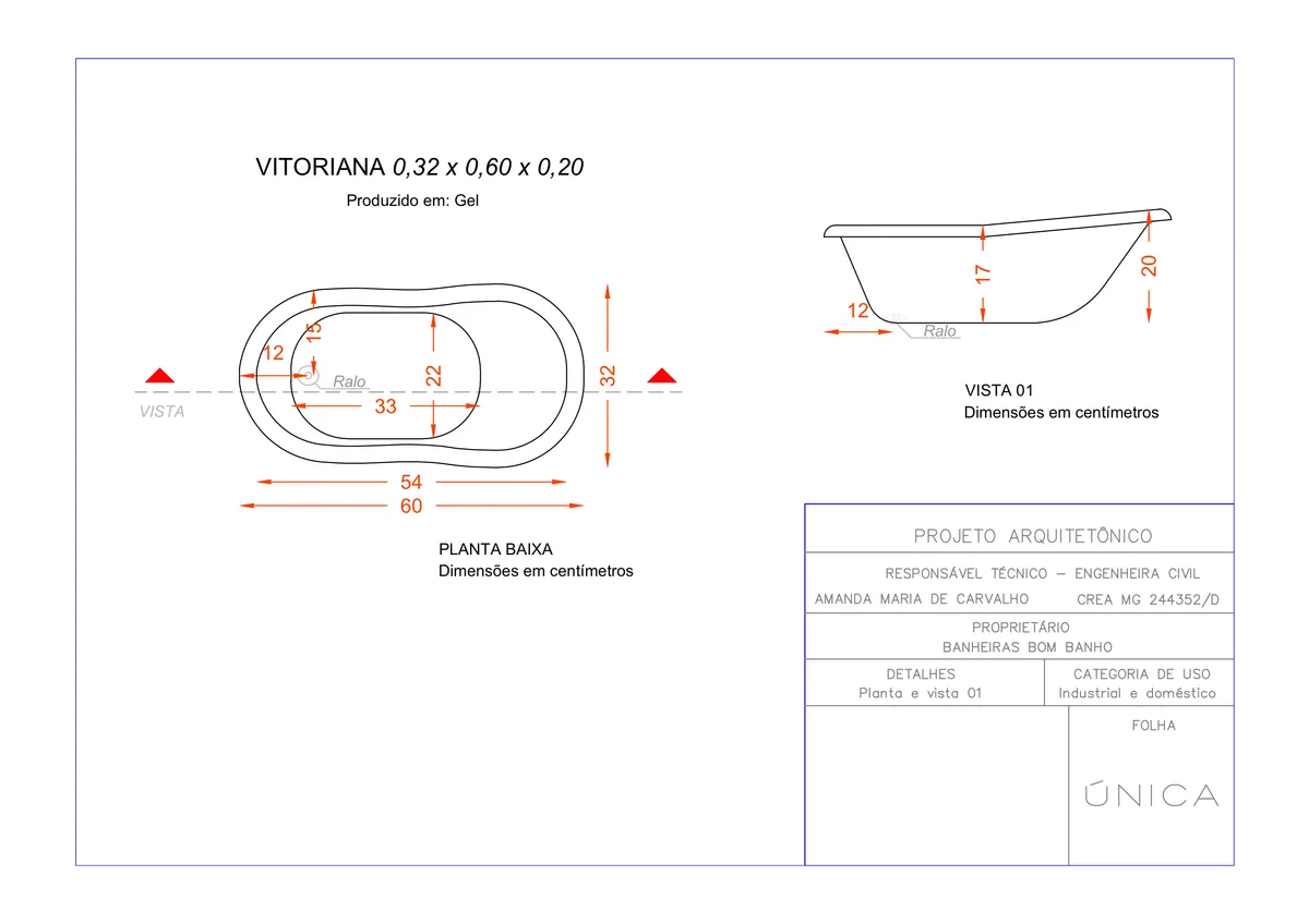 Planta técnica oficial da Banheira Vitoriana para Crianças 0,32 x 0,60 x 0,20, tamanho 0,32m x 0,60m x 0,20m