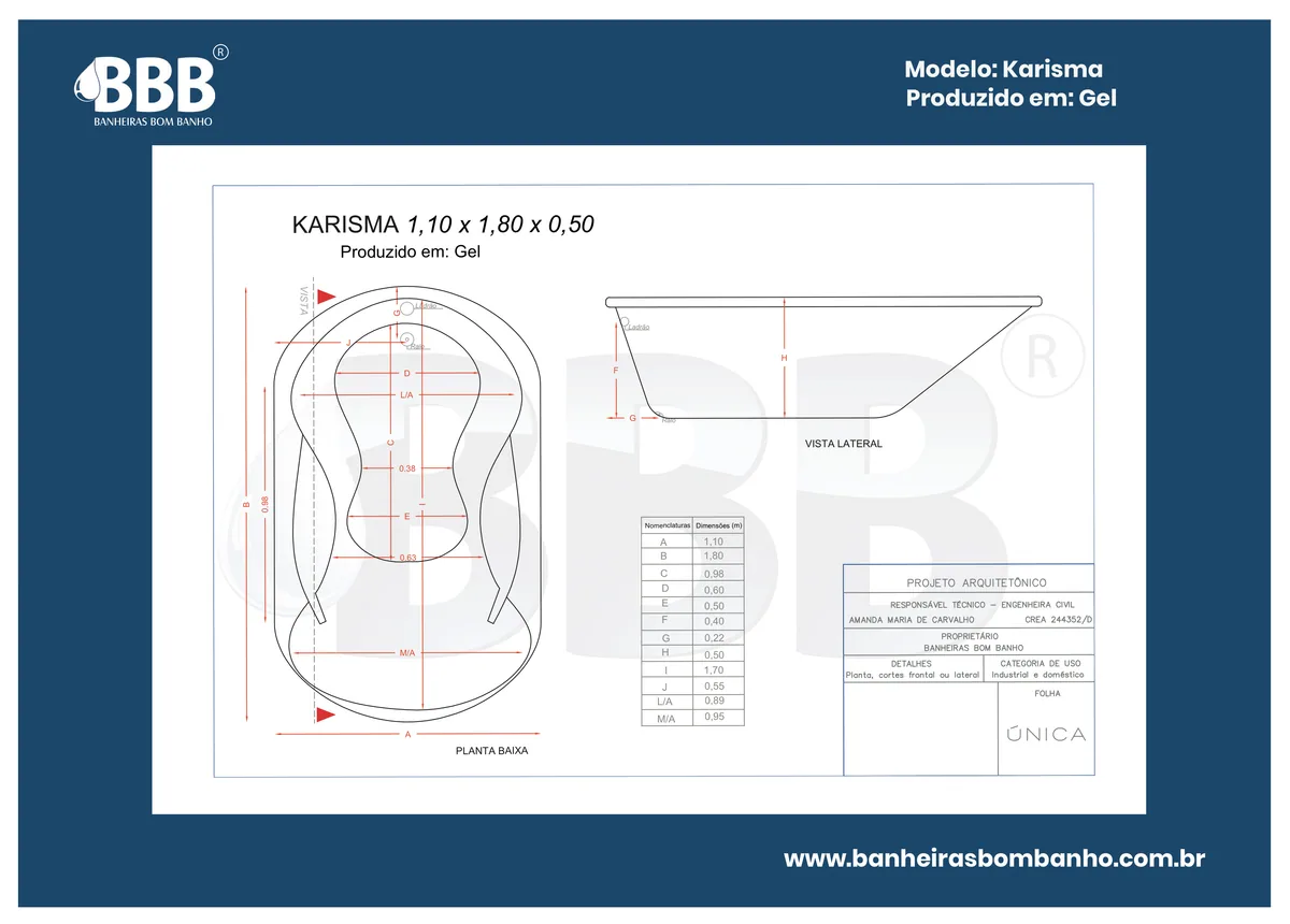 Planta técnica oficial da Banheira Karisma COMPLETA com hidro, tamanho 1,10 x 1,80 x 0,50