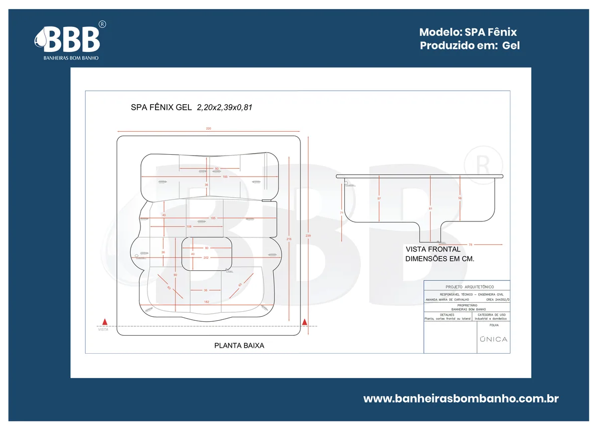 Planta técnica oficial da Spa Quadrado Fênix COMPLETO com hidro, tamanho 2,20 x 2,39 x 0,81