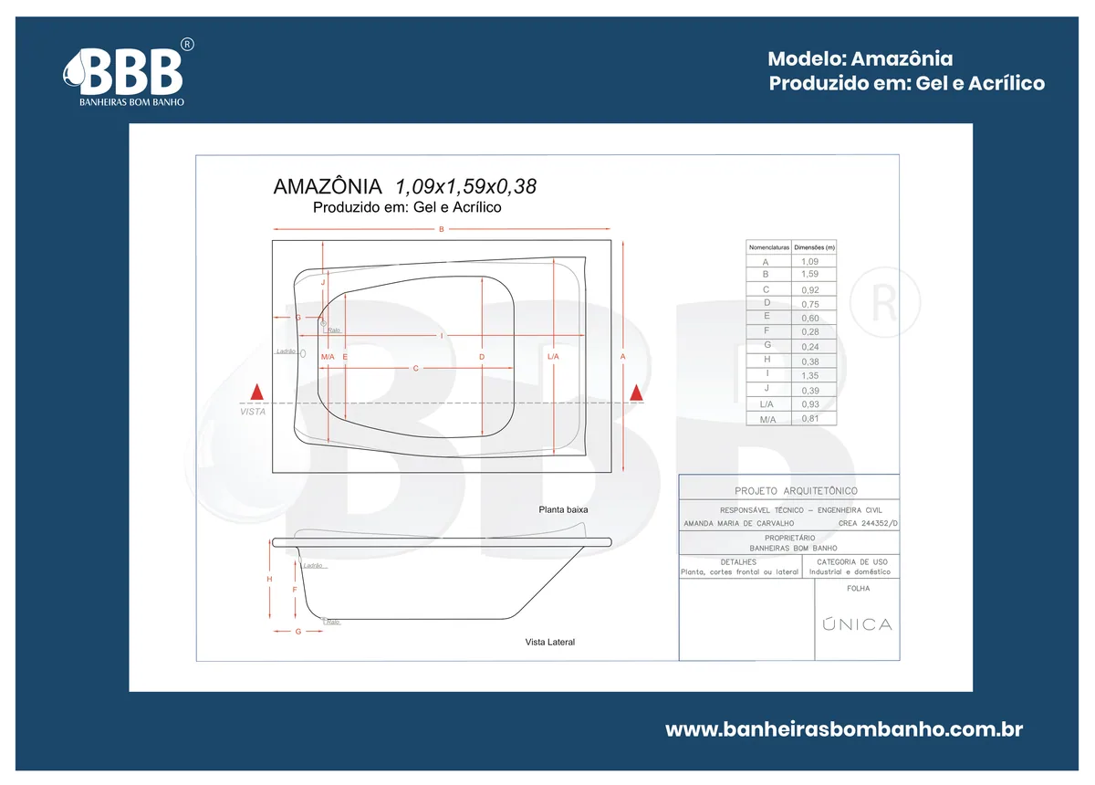 Planta técnica oficial da Banheira Dupla Amazônia COMPLETA com hidro, tamanho 1,09 x 1,59 x 0,38