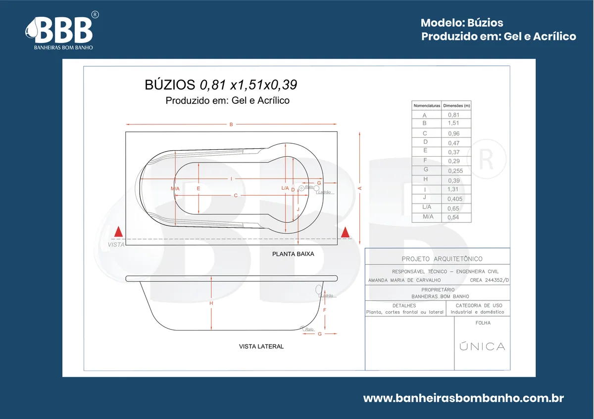 Planta técnica oficial da Banheira Retangular Búzios com hidro, tamanho 0,81 x 1,51 x 0,39