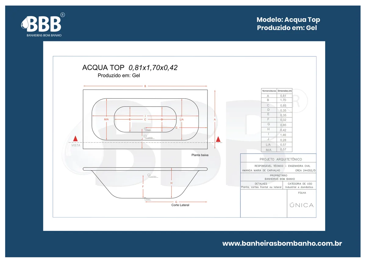 Planta técnica oficial da Banheira Acqua Top COMPLETA com hidro, tamanho 0,81 x 1,70 x 0,42