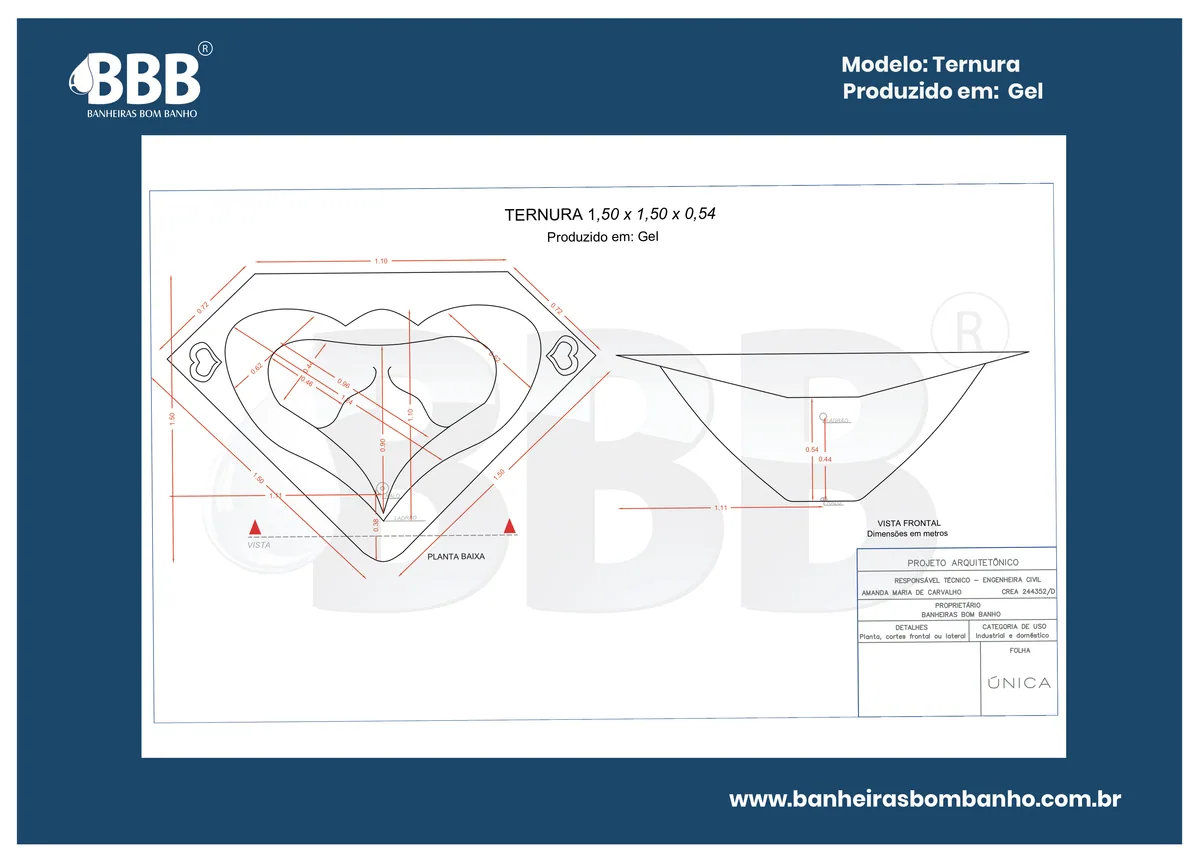 Planta técnica oficial da Banheira de Canto Ternura COMPLETA com hidro, tamanho 1,50 x 1,50 x 0,54