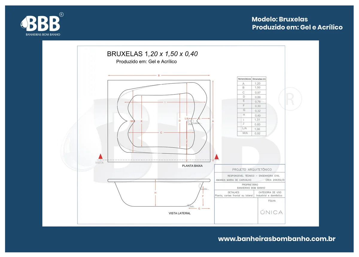 Planta técnica oficial da Banheira Dupla Bruxelas com hidro em acrílico, tamanho 1,20 x 1,50 x 0,40