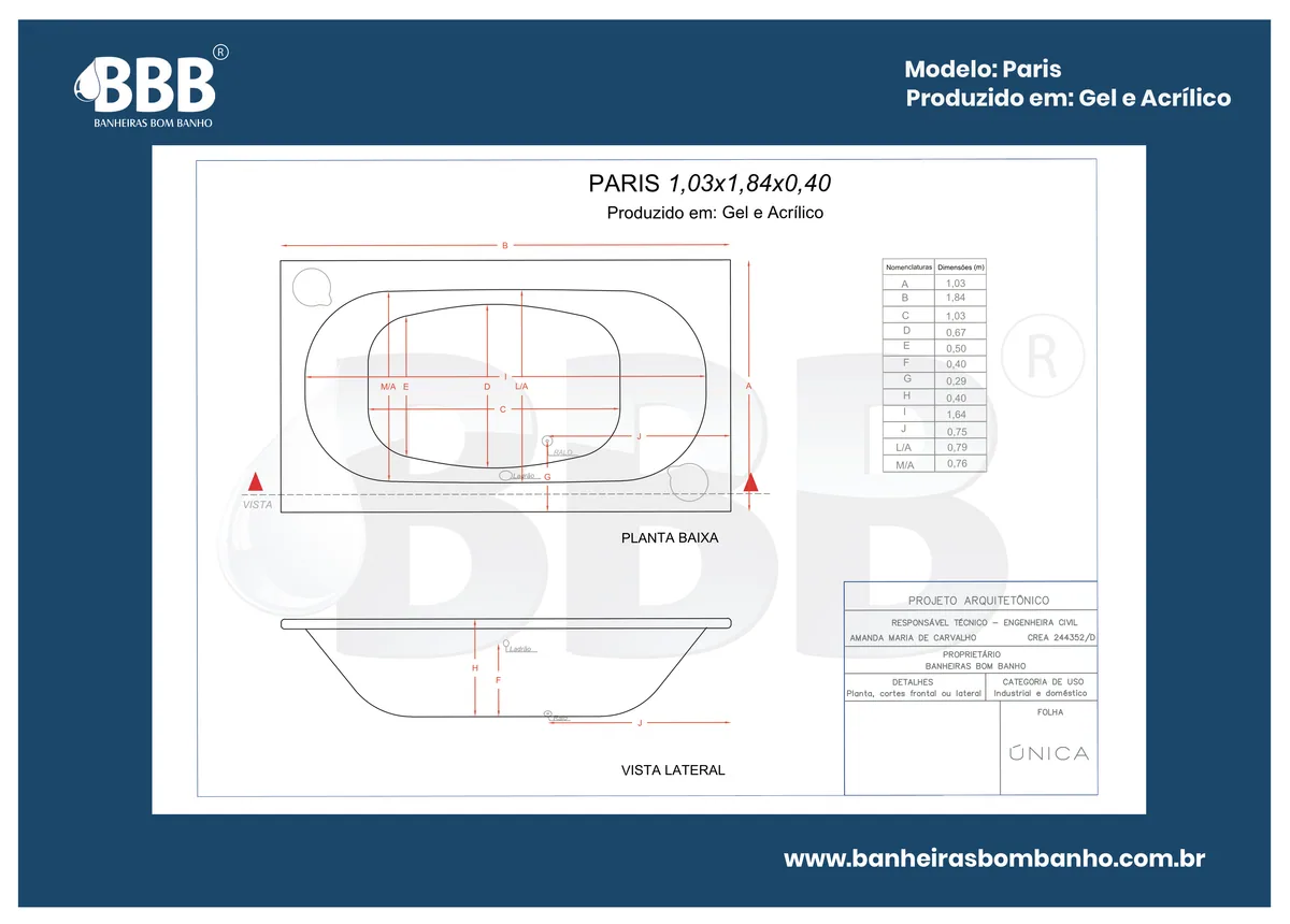 Planta técnica oficial da Banheira Dupla Paris com hidro em acrílico, tamanho 1,03 x 1,84 x 0,40