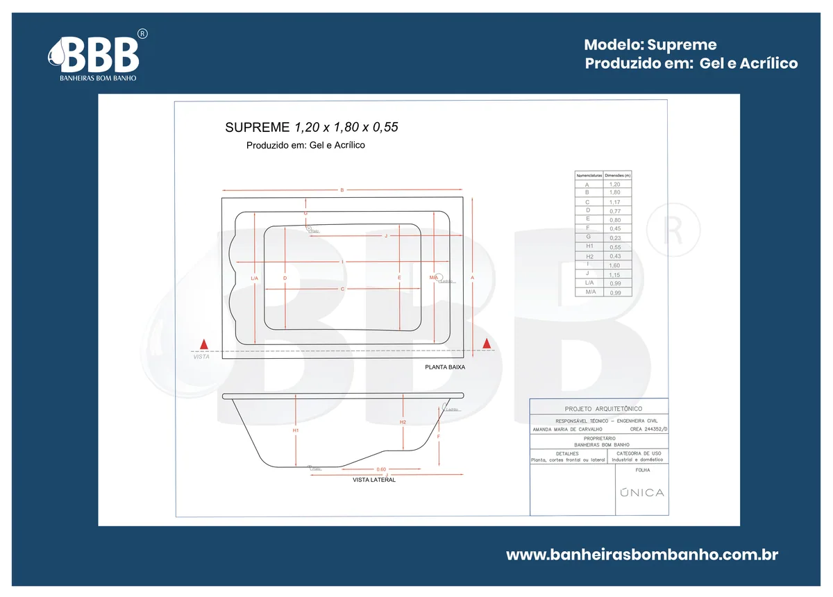 Planta técnica oficial da Banheira Dupla Supreme COMPLETA com hidro, tamanho 1,20 x 1,80 x 0,55