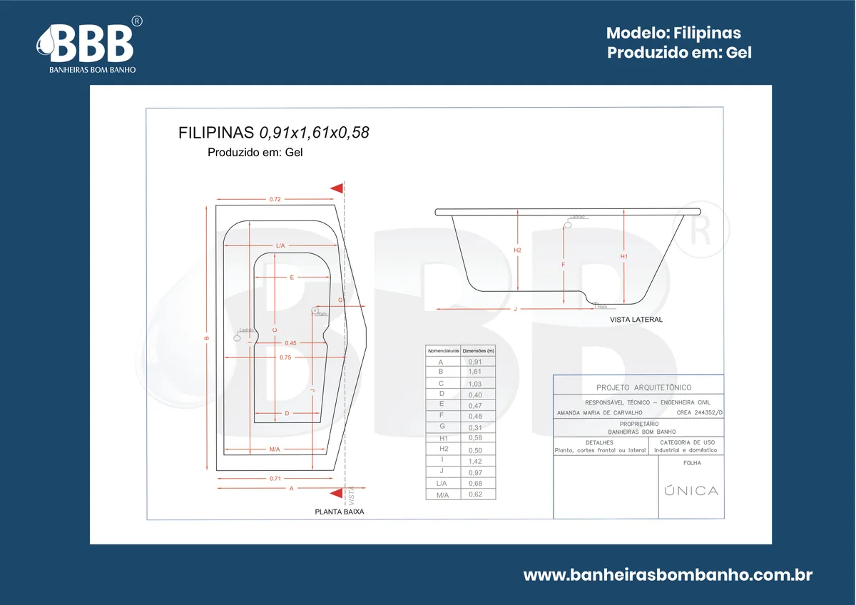 Planta técnica oficial da Banheira individual Filipinas COMPLETA com hidro, tamanho 0,91 x 1,61 x 0,58