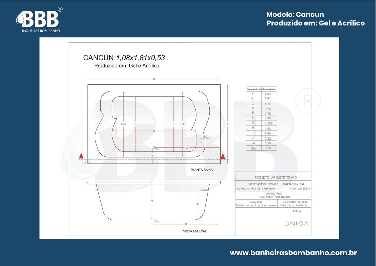 Planta técnica oficial da Banheira Dupla Cancún COMPLETA com hidro em acrílico, tamanho 1,08 x 1,81 x 0,53
