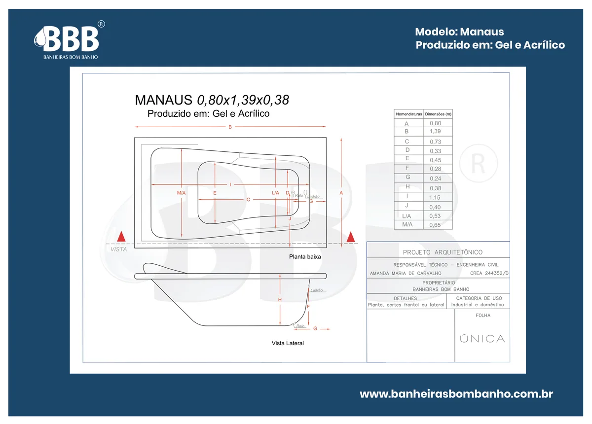 Planta técnica oficial da Banheira Retangular Manaus com hidro, tamanho 0,80 x 1,39 x 0,38
