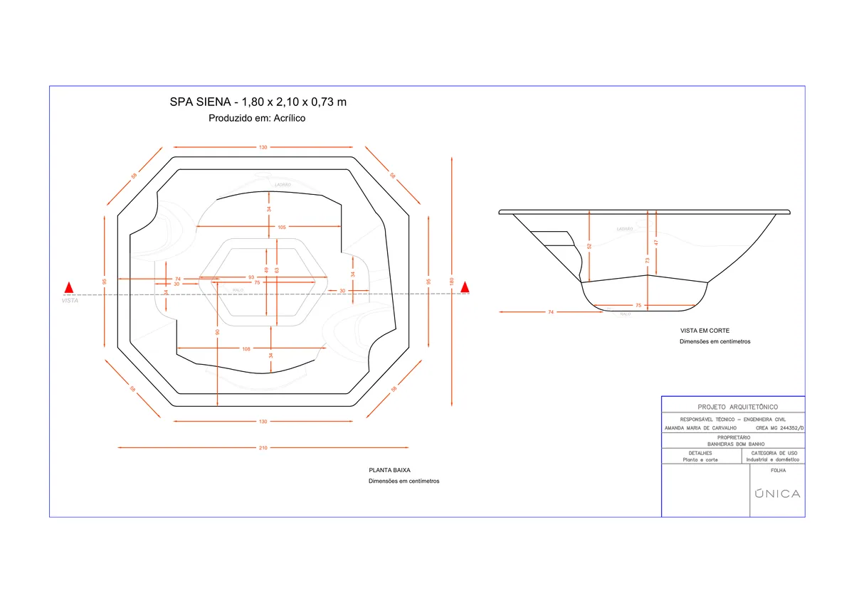 Planta técnica oficial da Spa retangular siena Completo com hidro em acrílico, tamanho 1,80 x 2,10 x 0,73