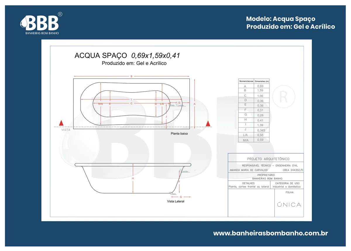 Planta técnica oficial da Banheira Acqua Spaço COMPLETA com hidro em Acrílico, tamanho 0,69 x 1,59 x 0,41