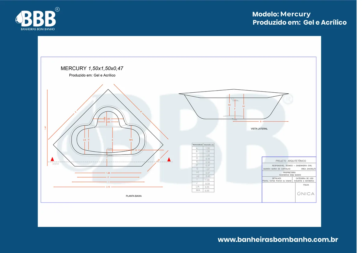 Planta técnica oficial da Banheira de Canto Mercury COMPLETA com hidro, tamanho 1,50 x 1,50 x 0,47