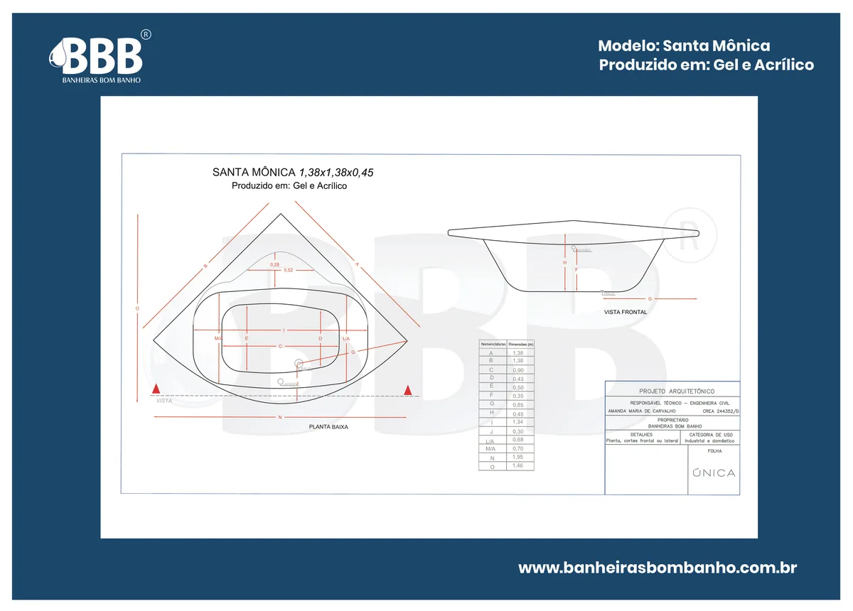 Planta técnica oficial da Banheira de Canto Santa Mônica COMPLETA com Hidro em acrílico, tamanho 1,38 x 1,38 x 0,45