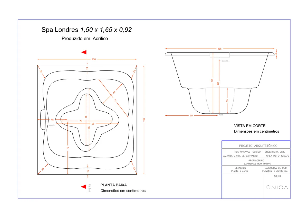Planta técnica oficial da Spa retangular londres Completo com hidro em acrílico, tamanho 1,50 x 1,65 x 0,92
