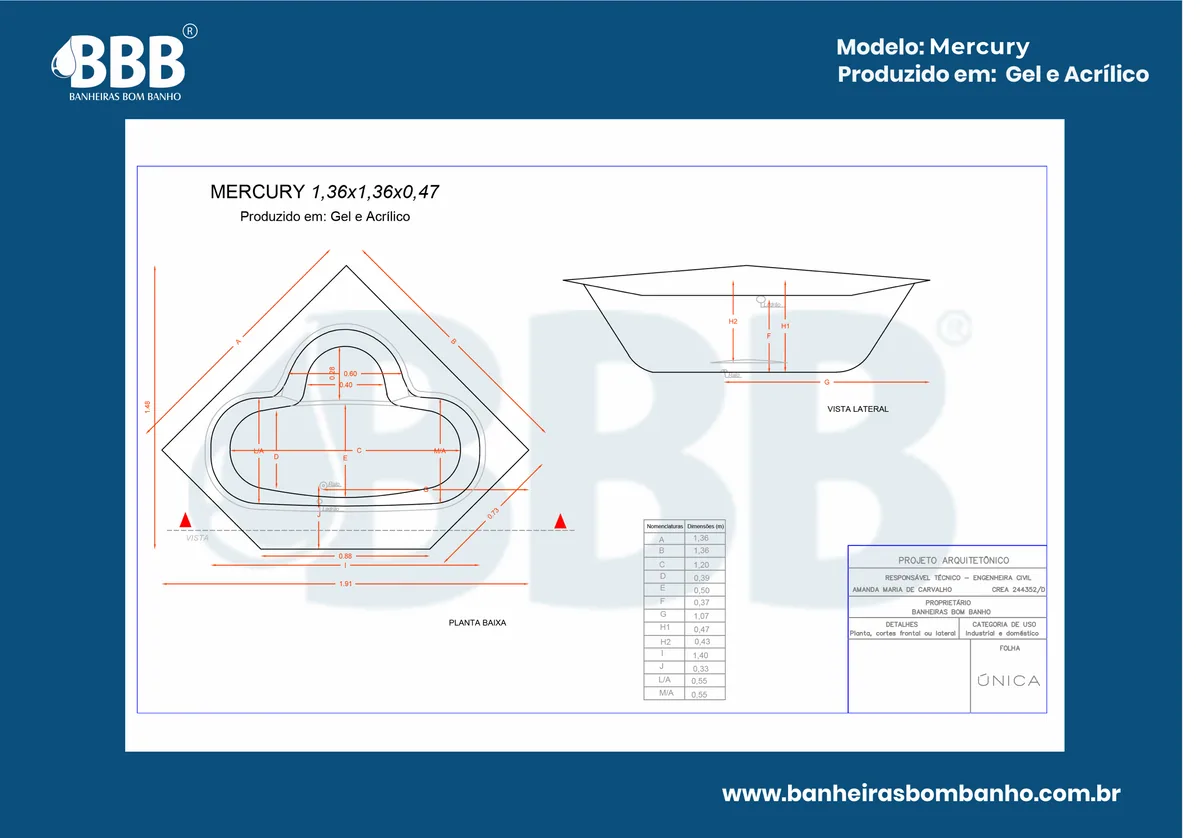 Planta técnica oficial da Banheira de Canto Mercury COMPLETA com hidro, tamanho 1,36 x 1,36 x 0,47