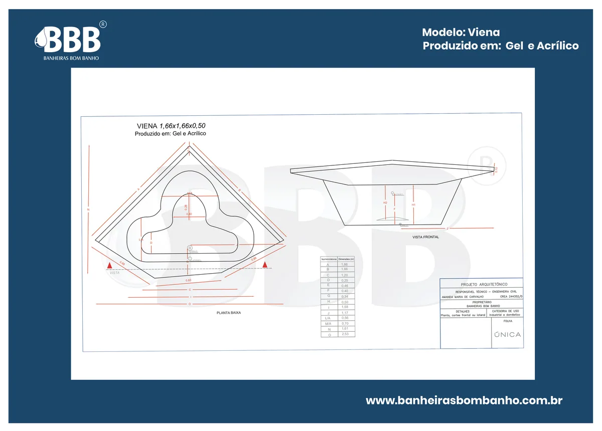 Planta técnica oficial da Banheira de Canto Viena COMPLETA com hidro em acrílico, tamanho 1,66 x 1,66 x 0,50