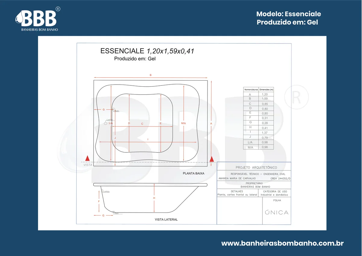 Planta técnica oficial da Banheira Dupla Essenciale COMPLETA com hidro, tamanho 1,20 x 1,59 x 0,41