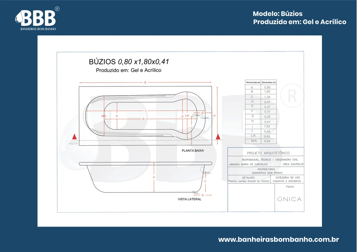 Planta técnica oficial da Banheira Retangular Búzios com hidro, tamanho 0,80 x 1,80 x 0,41