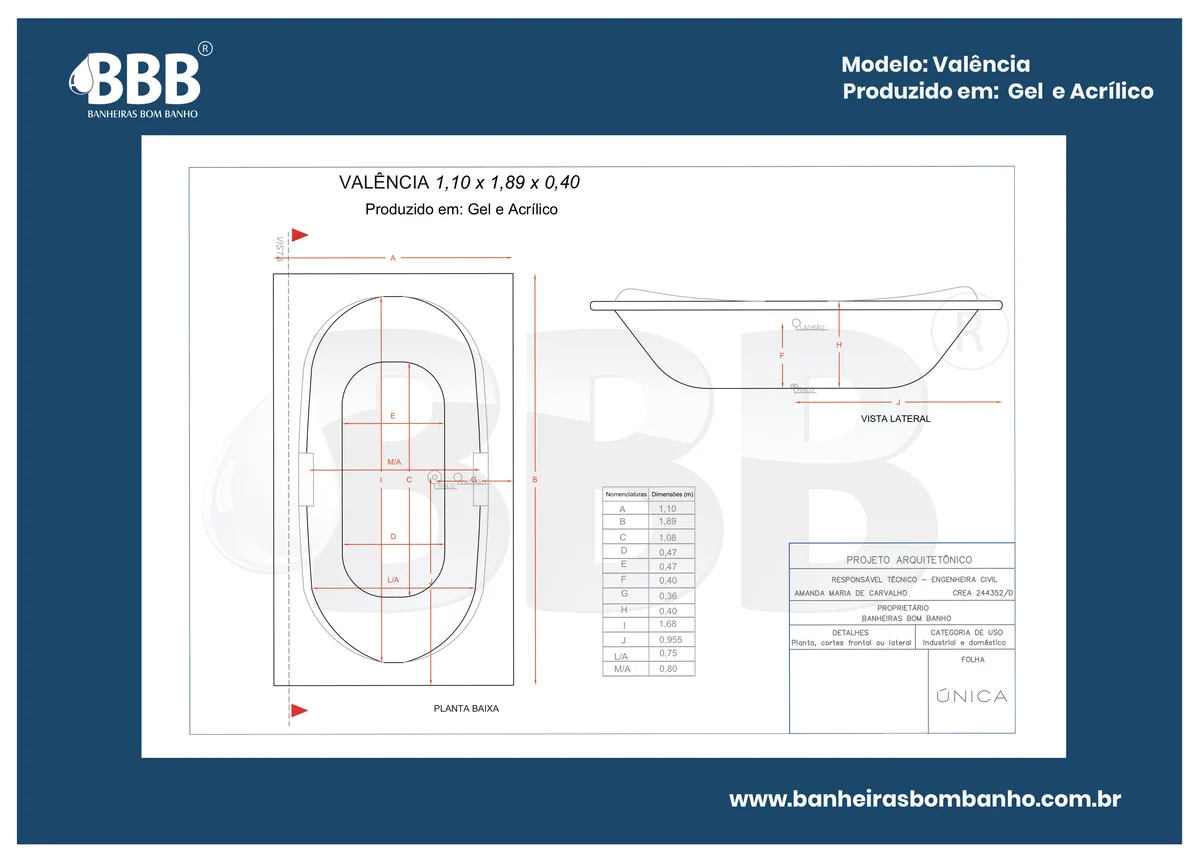 Planta técnica oficial da Banheira Dupla Valência COMPLETA com hidro em acrílico, tamanho 1,10 x 1,89 x 0,40