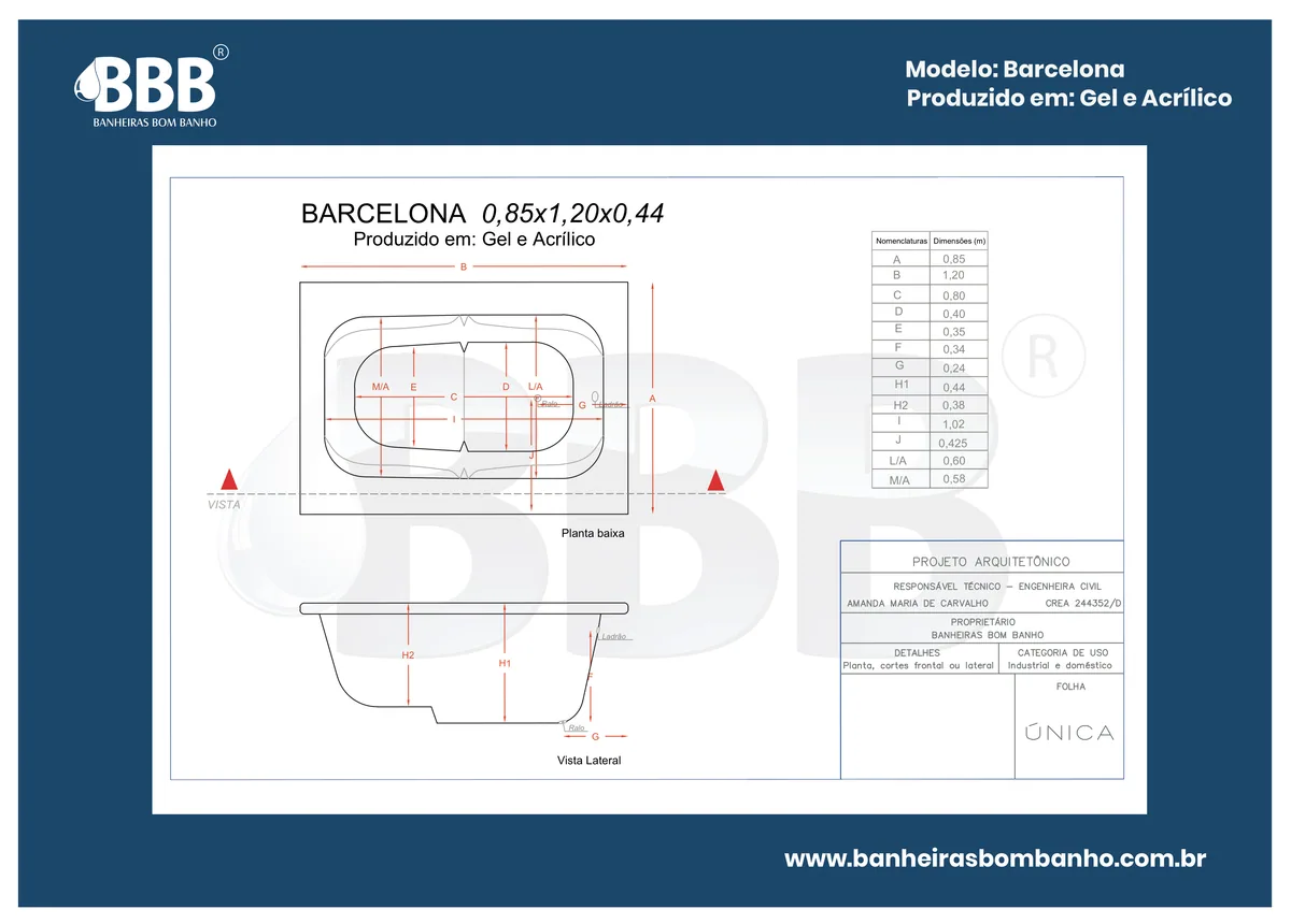Planta técnica oficial da Banheira Retangular Barcelona com hidro, tamanho 0,85 x 1,20 x 0,44