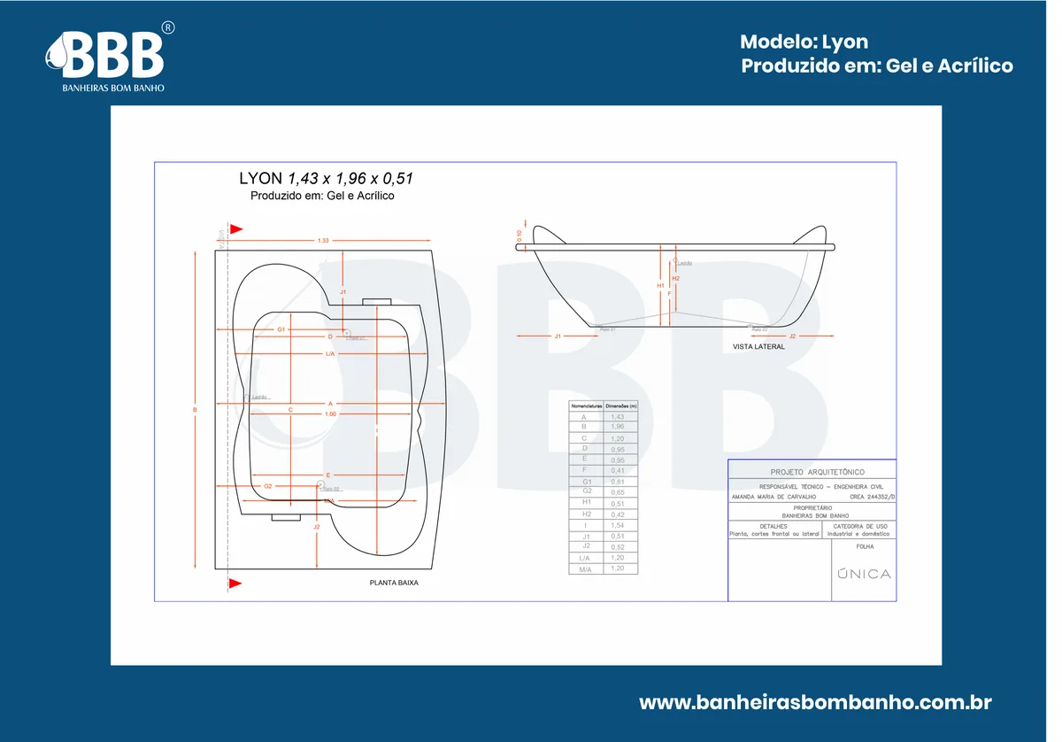 Planta técnica oficial da Banheira Dupla Lyon com abas COMPLETA com hidro em acrílico, tamanho 1,43 x 1,96 x 0,51