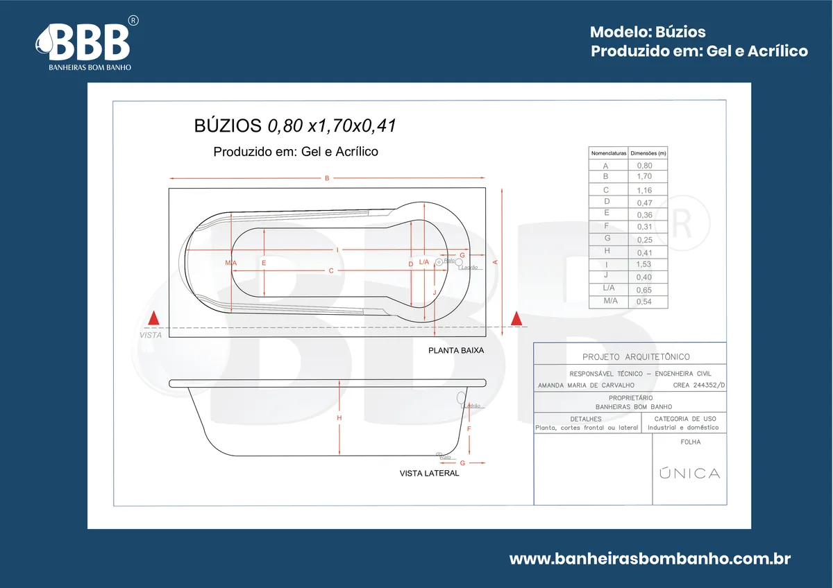 Planta técnica oficial da Banheira Retangular Búzios com hidro, tamanho 0,80 x 1,70 x 0,41