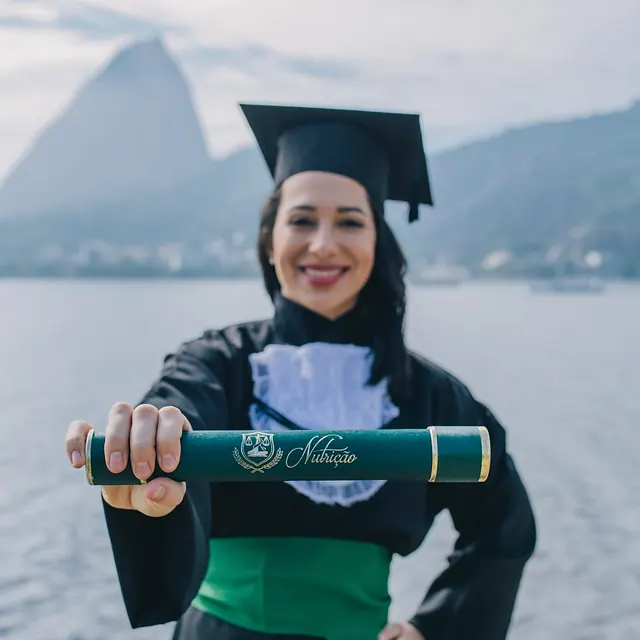 Ana de beca e capelo mostra o canudo do diploma de Nutrição, com o Pão de Açúcar ao fundo.